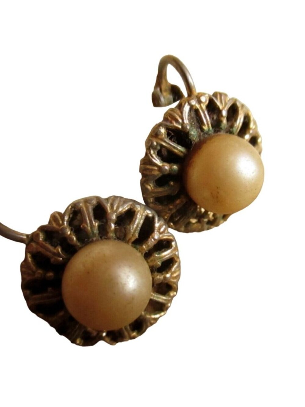 Vintage Gold-Tone Filigree Clip-On Earrings Estate Hippy With Faux Pearl Center